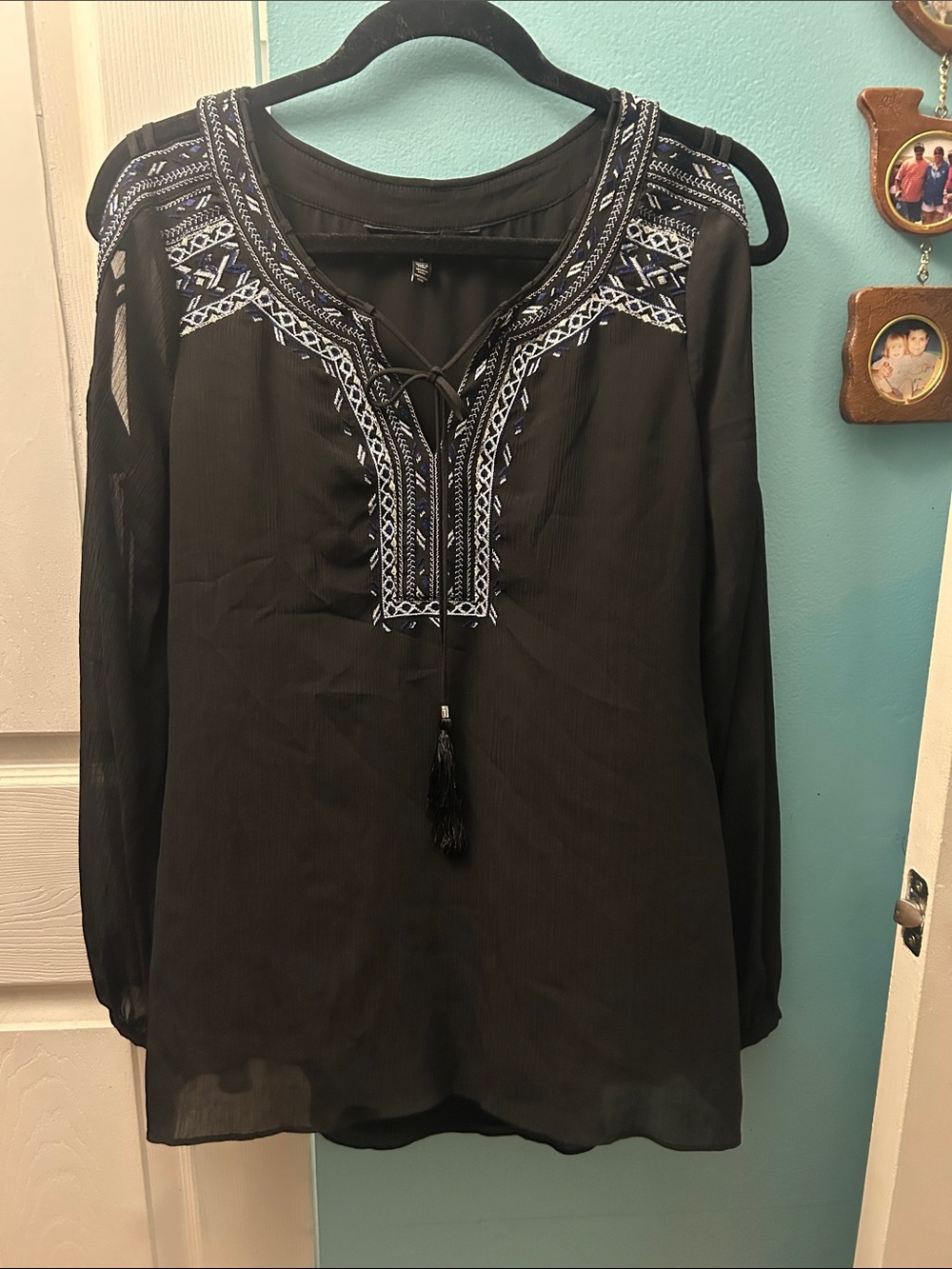 Embroidered Tie-Neck Black Women's Blouse With Peek-a-boo cuff sleeves.